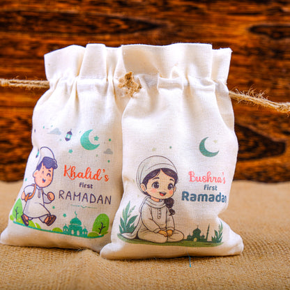 Personalized Eid Gift Bag for Kids, Custom Ramadan Favor Pouch, Cotton Treat Bag, Goodie Bag