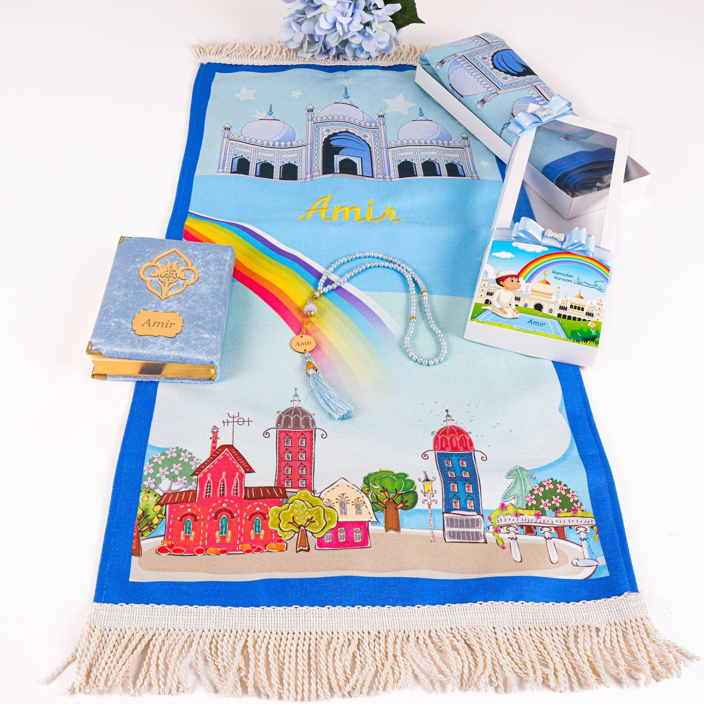 Personalized Soft Prayer Mat for Boys Quran Tasbeeh Islamic Gift Set