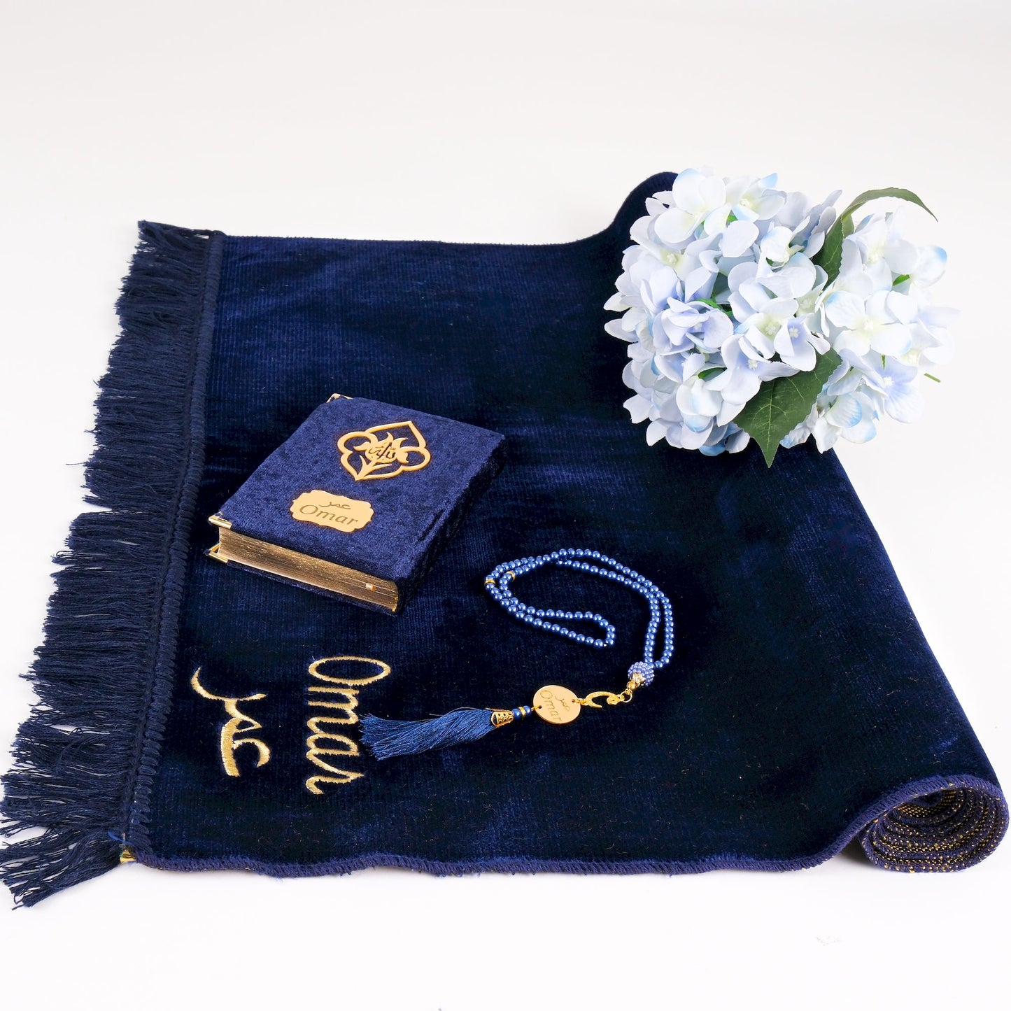 Personalized Elegant Velvet Prayer Mat Quran Tasbeeh Islamic Gift Set