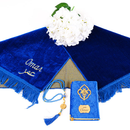 Personalized Elegant Velvet Prayer Mat Quran Tasbeeh Islamic Gift Set