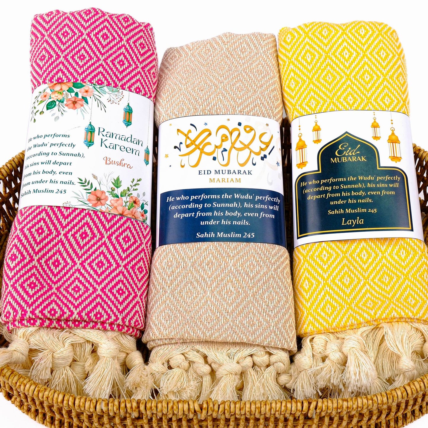 Personalized Turkish Cotton Peshtemal Towels, Custom Ramadan Eid Muslim Party Favors - Islamic Elite Favors is a handmade gift shop offering a wide variety of unique and personalized gifts for all occasions. Whether you're looking for the perfect Ramadan, Eid, Hajj, wedding gift or something special for a birthday, baby shower or anniversary, we have something for everyone. High quality, made with love.