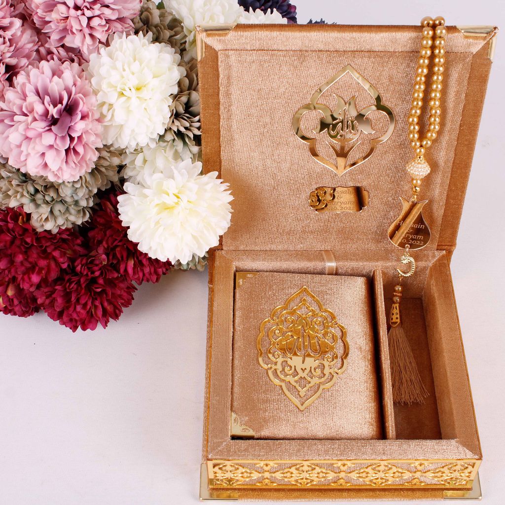 Personalized Velvet Quran Box, Pearl Prayer Bead, Hijab, Islamic Gift Set, Quran Cover, Quran Gift Box, Islamic Wedding store Gift,Muslim Gift,Eid