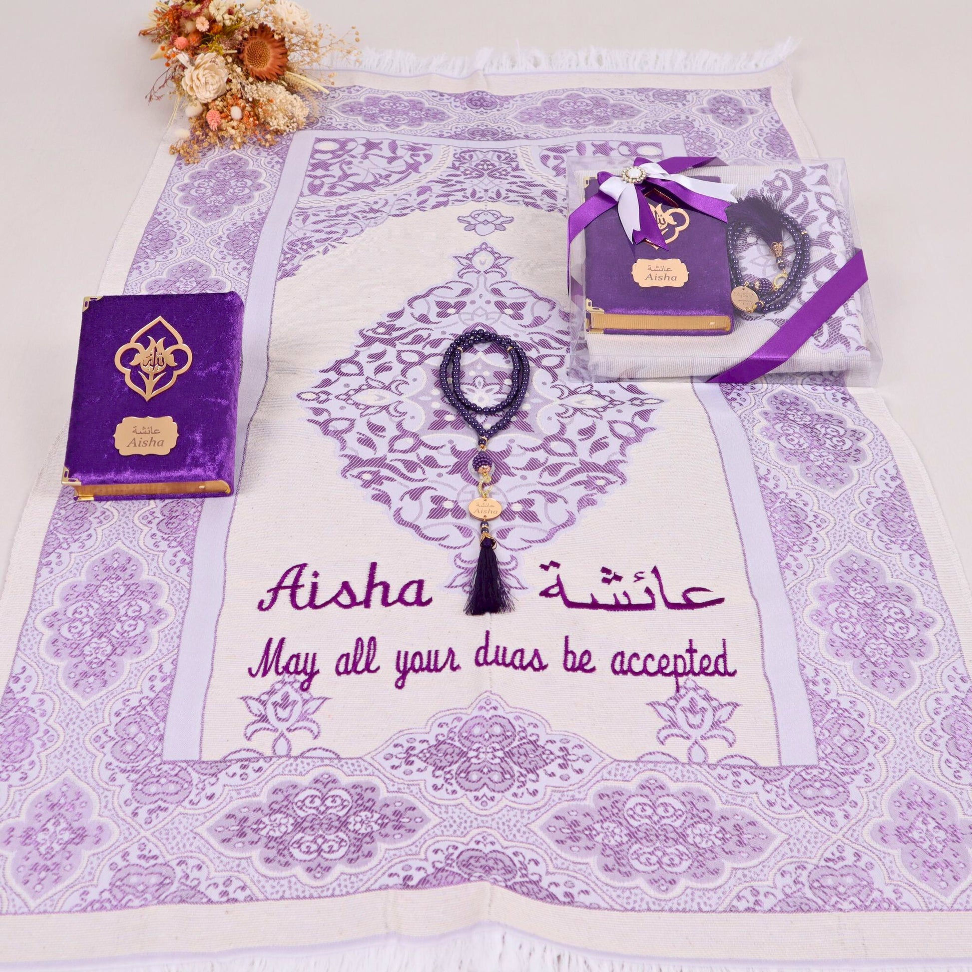Personalized Travel Prayer Mat Quran Tasbeeh Islamic Muslim Gift Set - Islamic Elite Favors is a handmade gift shop offering a wide variety of unique and personalized gifts for all occasions. Whether you're looking for the perfect Ramadan, Eid, Hajj, wedding gift or something special for a birthday, baby shower or anniversary, we have something for everyone. High quality, made with love.