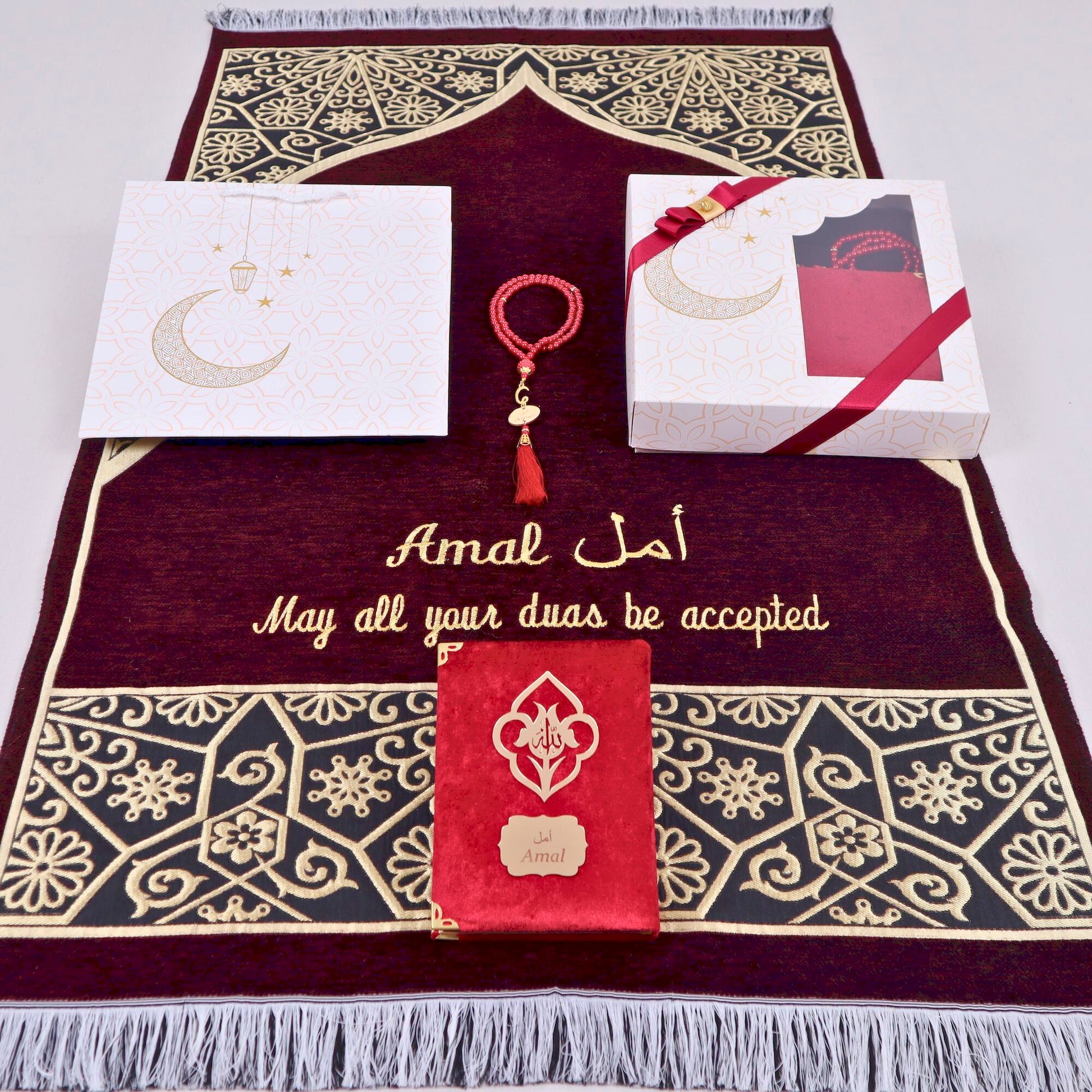 Personalized Taj Mahal Prayer Mat Quran Tasbih Islamic Muslim Gift Set - Islamic Elite Favors is a handmade gift shop offering a wide variety of unique and personalized gifts for all occasions. Whether you're looking for the perfect Ramadan, Eid, Hajj, wedding gift or something special for a birthday, baby shower or anniversary, we have something for everyone. High quality, made with love.