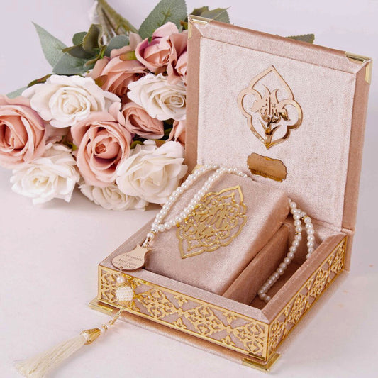 Personalized Velvet Quran Box Pearl Prayer Beads Islamic Muslim Wedding Gift Set. Explore an exquisite collection of customized Islamic handmade gifts suitable for various occasions, including Weddings, Nikkah ceremonies, Engagements, Baby Showers, Bridal Showers, Birthdays, Ameen celebrations, Islamic parties, Ramadan, Eid, Hajj, Umrah, Mother’s Day, Father’s Day, Valentine’s Day, Anniversaries, and Graduations. Each gift is thoughtfully crafted to reflect the essence of these special moments.