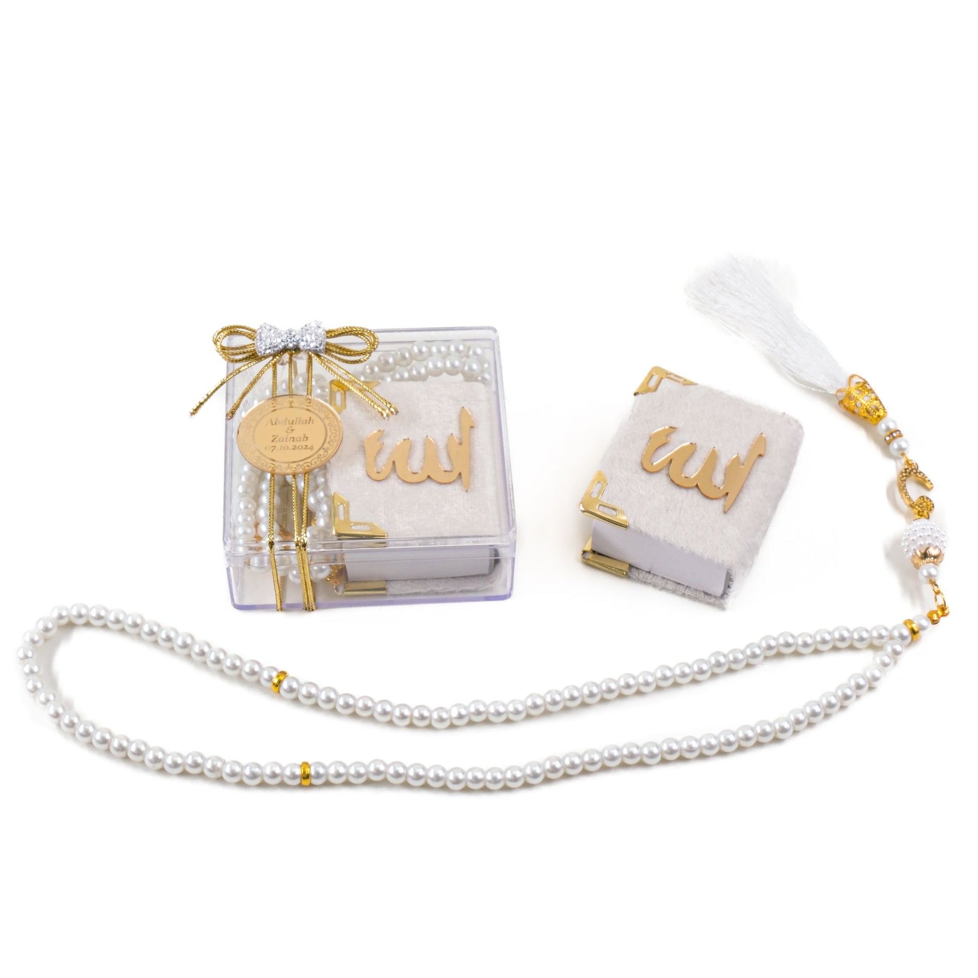 Personalized Mini Quran Prayer Beads Bow Tie with Plexi Wedding Favor - Islamic Elite Favors is a handmade gift shop offering a wide variety of unique and personalized gifts for all occasions. Whether you're looking for the perfect Ramadan, Eid, Hajj, wedding gift or something special for a birthday, baby shower or anniversary, we have something for everyone. High quality, made with love.