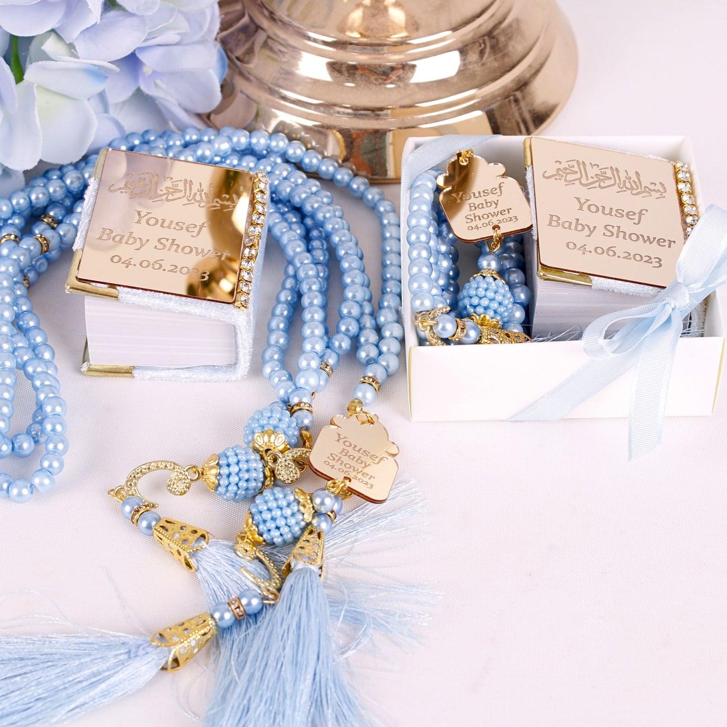 Personalized Mini Quran Pearl Prayer Beads Baby Shower Favor for Boys - Islamic Elite Favors is a handmade gift shop offering a wide variety of unique and personalized gifts for all occasions. Whether you're looking for the perfect Ramadan, Eid, Hajj, wedding gift or something special for a birthday, baby shower or anniversary, we have something for everyone. High quality, made with love.