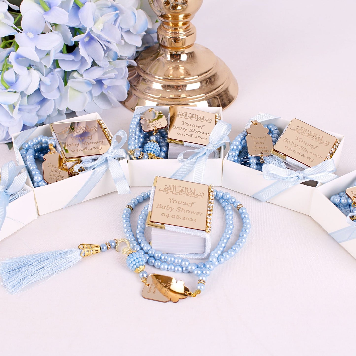 Personalized Mini Quran Pearl Prayer Beads Baby Shower Favor for Boys - Islamic Elite Favors is a handmade gift shop offering a wide variety of unique and personalized gifts for all occasions. Whether you're looking for the perfect Ramadan, Eid, Hajj, wedding gift or something special for a birthday, baby shower or anniversary, we have something for everyone. High quality, made with love.