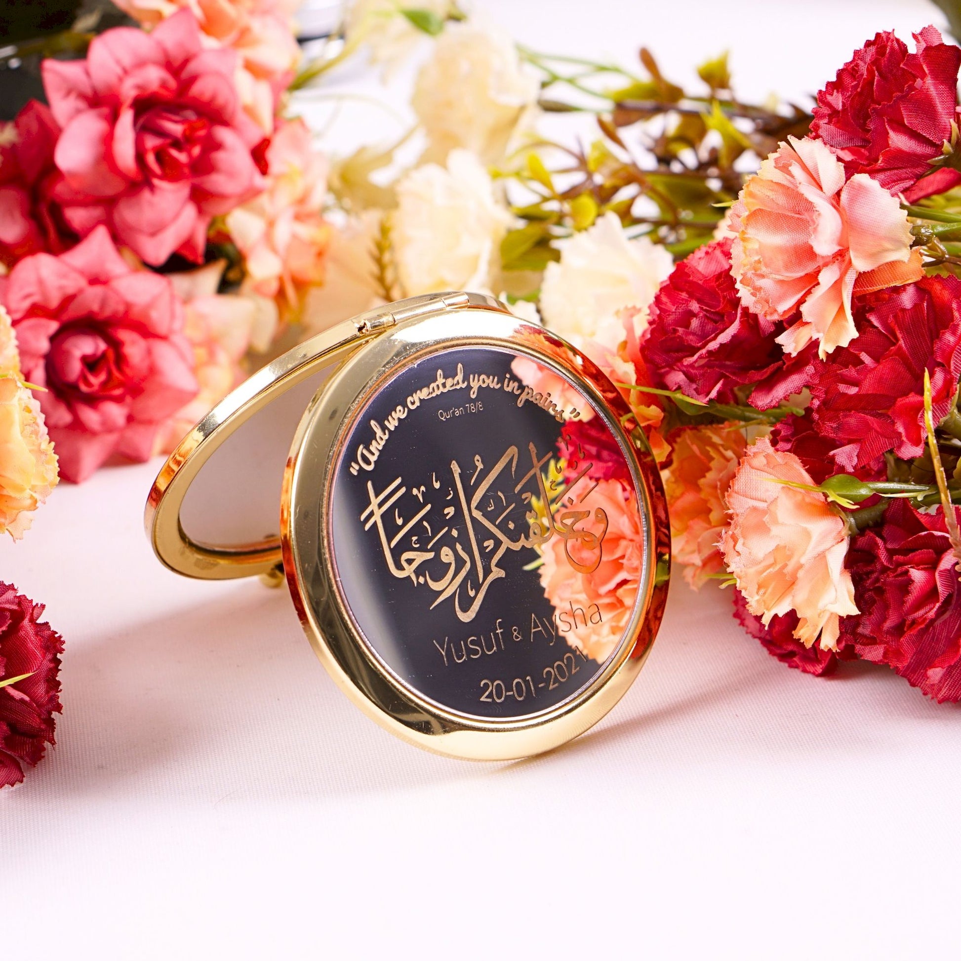 Personalized Wedding Favor Gold Makeup Mirror Silver Acrylic Writing - Islamic Elite Favors is a handmade gift shop offering a wide variety of unique and personalized gifts for all occasions. Whether you're looking for the perfect Ramadan, Eid, Hajj, wedding gift or something special for a birthday, baby shower or anniversary, we have something for everyone. High quality, made with love.