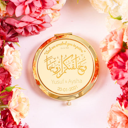 Personalized Wedding Favor Gold Mini Makeup Mirror in Gold Gift Box - Islamic Elite Favors is a handmade gift shop offering a wide variety of unique and personalized gifts for all occasions. Whether you're looking for the perfect Ramadan, Eid, Hajj, wedding gift or something special for a birthday, baby shower or anniversary, we have something for everyone. High quality, made with love.