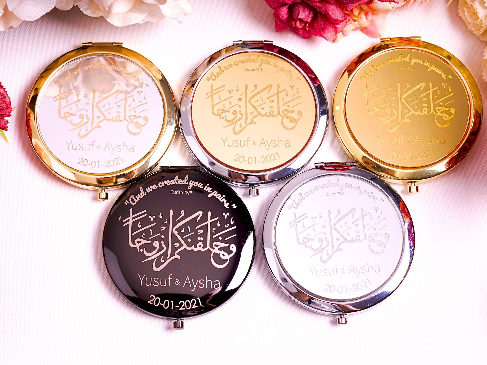 Personalized Wedding Favor Gold Mini Makeup Mirror in Gold Gift Box - Islamic Elite Favors is a handmade gift shop offering a wide variety of unique and personalized gifts for all occasions. Whether you're looking for the perfect Ramadan, Eid, Hajj, wedding gift or something special for a birthday, baby shower or anniversary, we have something for everyone. High quality, made with love.
