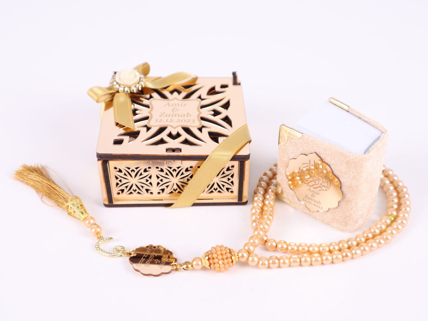 Personalized Mini Quran Prayer Beads Wooden Box with Gold Acrylic Set - Islamic Elite Favors is a handmade gift shop offering a wide variety of unique and personalized gifts for all occasions. Whether you're looking for the perfect Ramadan, Eid, Hajj, wedding gift or something special for a birthday, baby shower or anniversary, we have something for everyone. High quality, made with love.