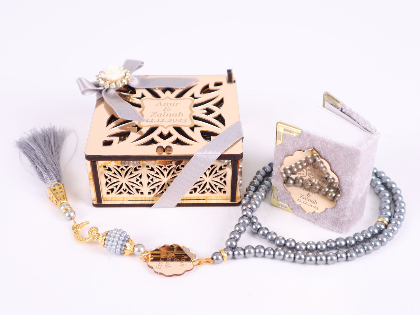 Personalized Mini Quran Prayer Beads Wooden Box with Gold Acrylic Set