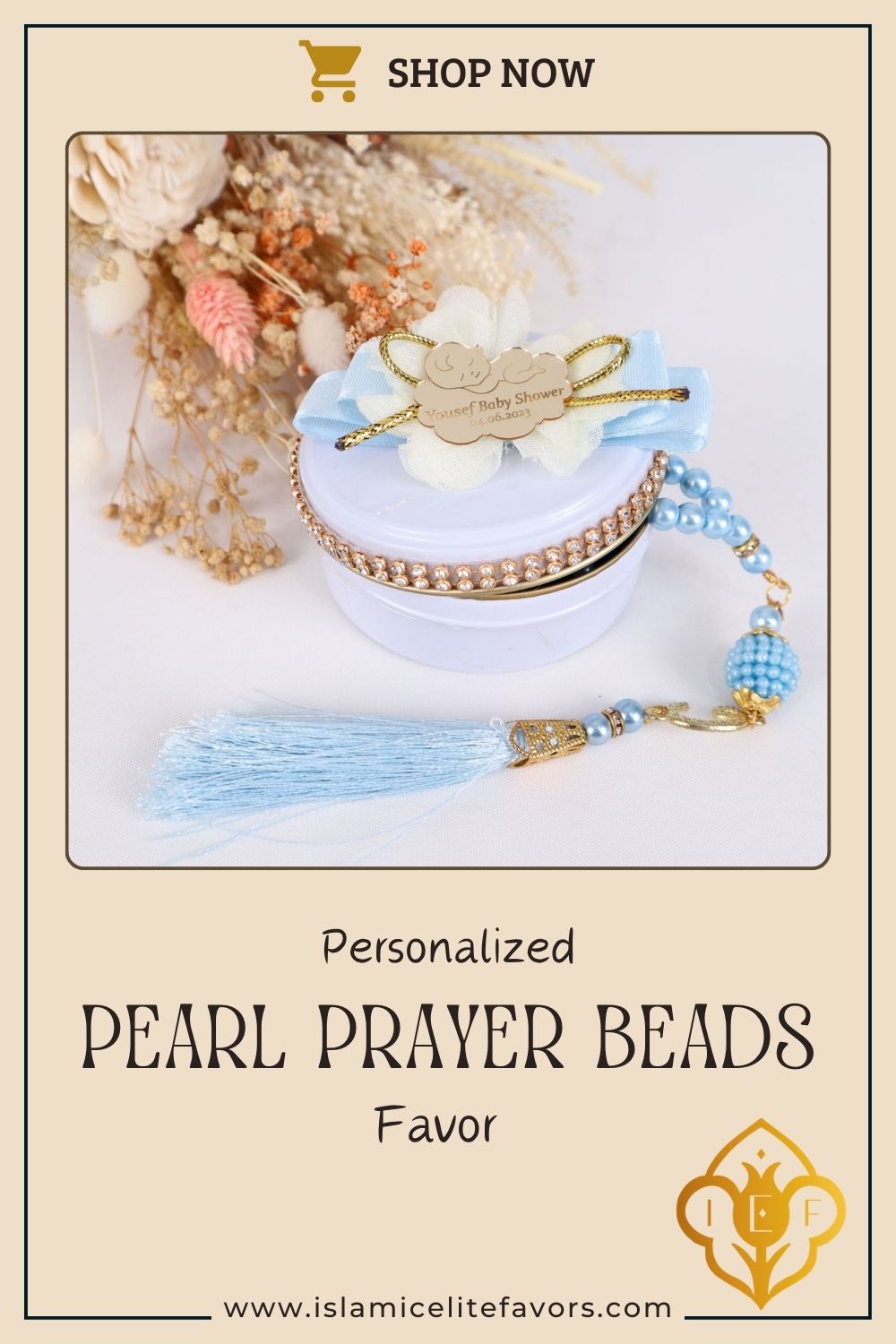 Personalized Pearl Prayer Beads in Metal Box Islamic Baby Shower Favor