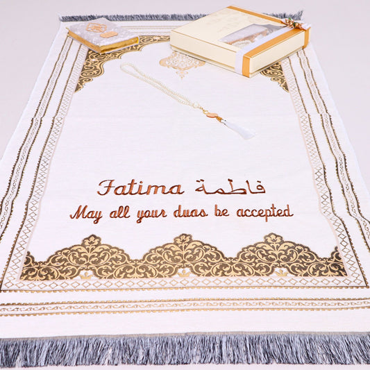 Personalized Chenille Prayer Mat Quran Tasbeeh Islamic Lux Gift Set - Islamic Elite Favors is a handmade gift shop offering a wide variety of unique and personalized gifts for all occasions. Whether you're looking for the perfect Ramadan, Eid, Hajj, wedding gift or something special for a birthday, baby shower or anniversary, we have something for everyone. High quality, made with love.