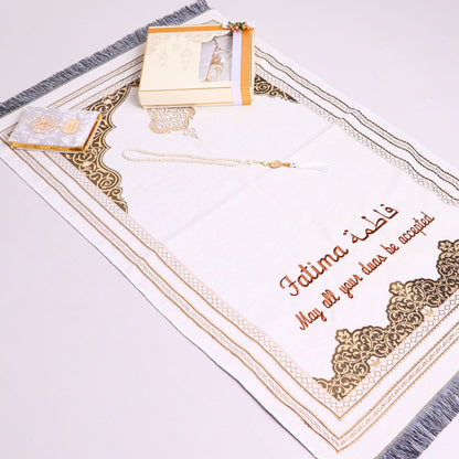 Personalized Chenille Prayer Mat Quran Tasbeeh Islamic Lux Gift Set - Islamic Elite Favors is a handmade gift shop offering a wide variety of unique and personalized gifts for all occasions. Whether you're looking for the perfect Ramadan, Eid, Hajj, wedding gift or something special for a birthday, baby shower or anniversary, we have something for everyone. High quality, made with love.