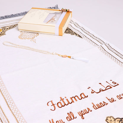 Personalized Chenille Prayer Mat Quran Tasbeeh Islamic Lux Gift Set - Islamic Elite Favors is a handmade gift shop offering a wide variety of unique and personalized gifts for all occasions. Whether you're looking for the perfect Ramadan, Eid, Hajj, wedding gift or something special for a birthday, baby shower or anniversary, we have something for everyone. High quality, made with love.