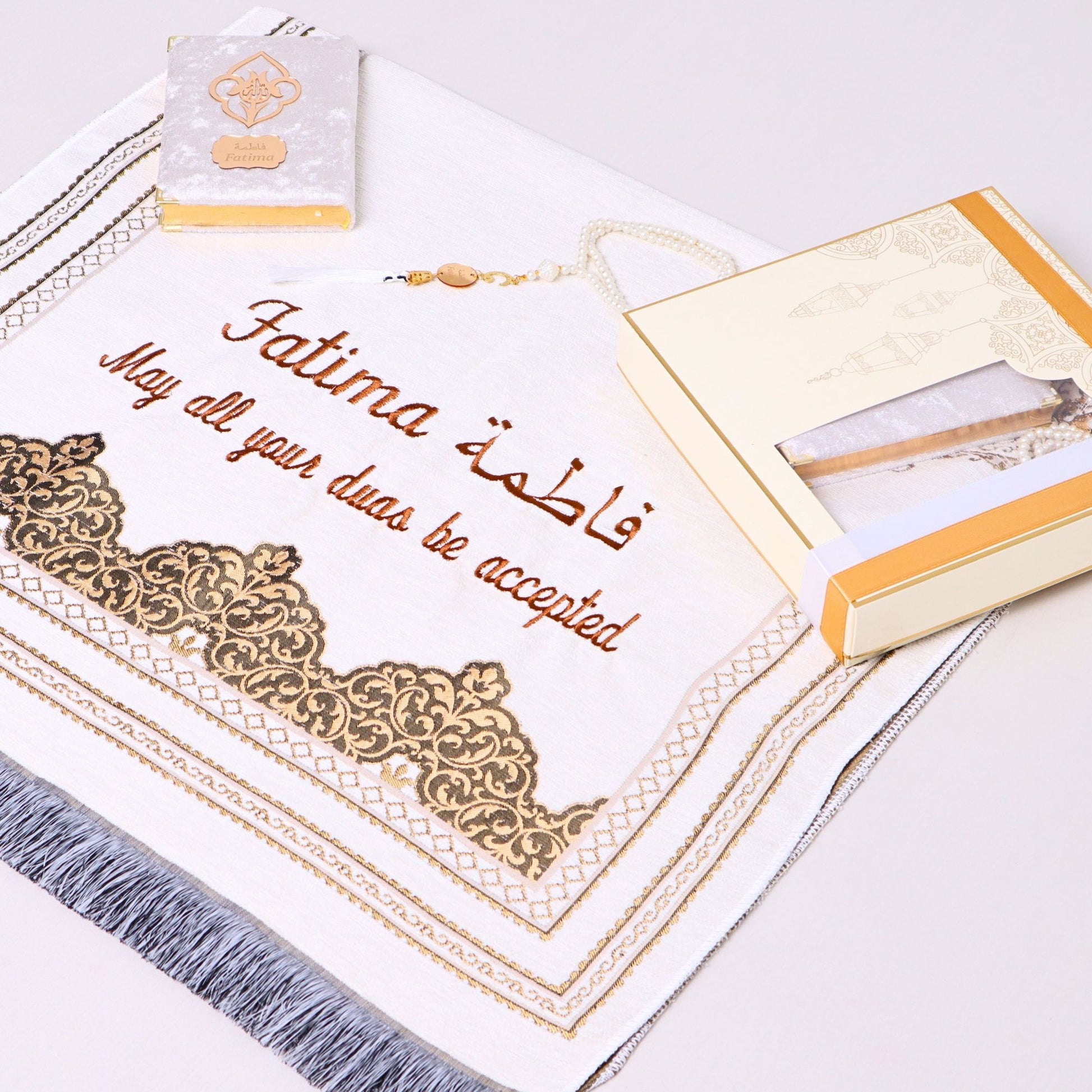 Personalized Chenille Prayer Mat Quran Tasbeeh Islamic Lux Gift Set - Islamic Elite Favors is a handmade gift shop offering a wide variety of unique and personalized gifts for all occasions. Whether you're looking for the perfect Ramadan, Eid, Hajj, wedding gift or something special for a birthday, baby shower or anniversary, we have something for everyone. High quality, made with love.