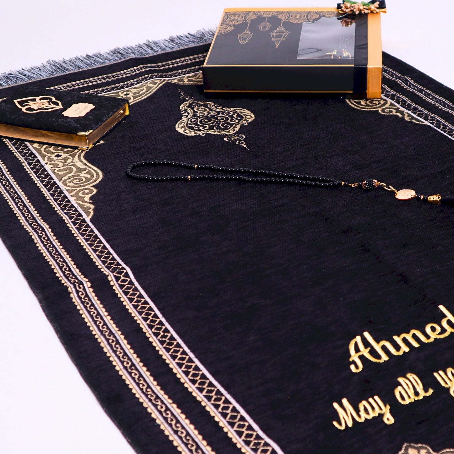 Personalized Chenille Prayer Mat Quran Tasbeeh Islamic Lux Gift Set - Islamic Elite Favors is a handmade gift shop offering a wide variety of unique and personalized gifts for all occasions. Whether you're looking for the perfect Ramadan, Eid, Hajj, wedding gift or something special for a birthday, baby shower or anniversary, we have something for everyone. High quality, made with love.