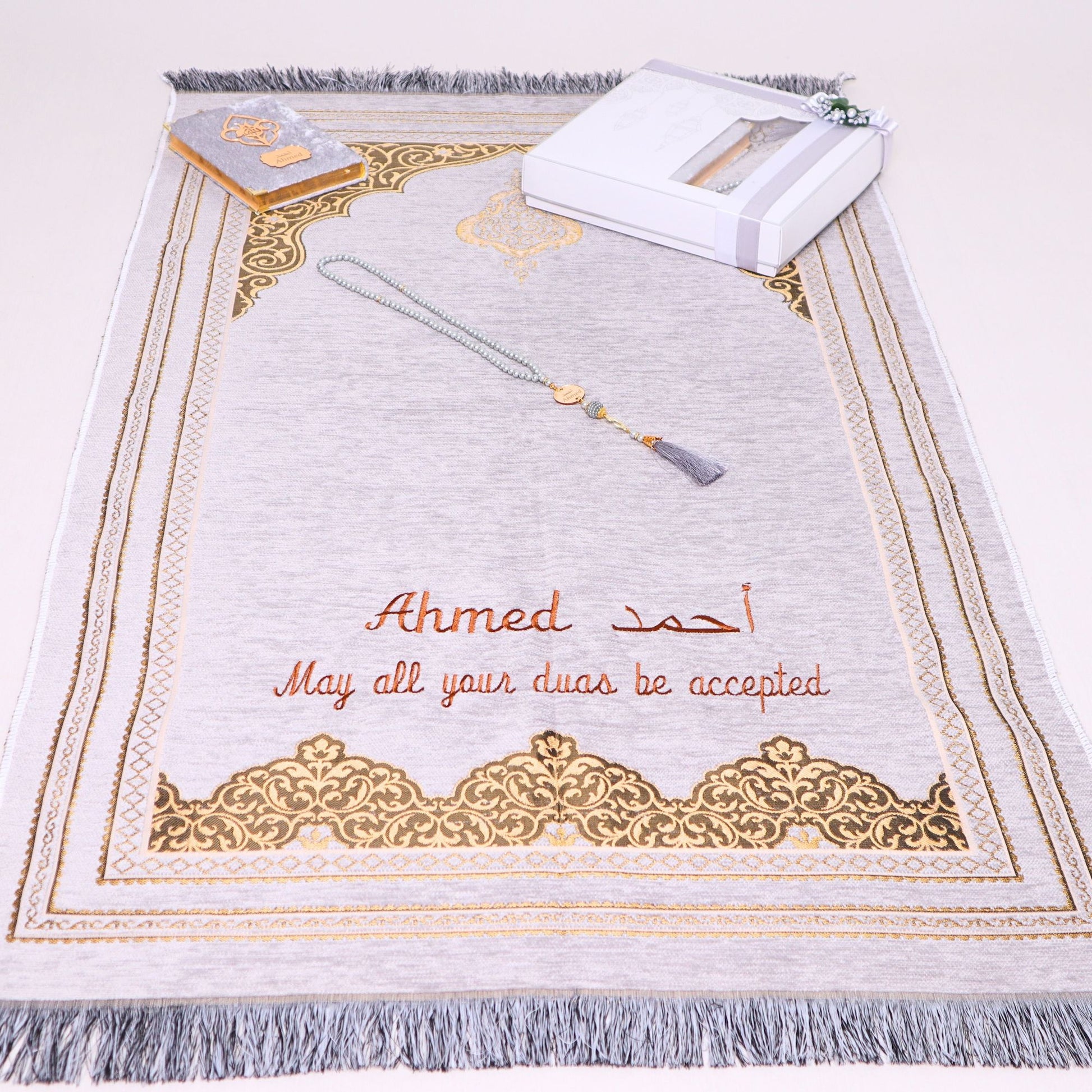 Personalized Chenille Prayer Mat Quran Tasbeeh Islamic Lux Gift Set - Islamic Elite Favors is a handmade gift shop offering a wide variety of unique and personalized gifts for all occasions. Whether you're looking for the perfect Ramadan, Eid, Hajj, wedding gift or something special for a birthday, baby shower or anniversary, we have something for everyone. High quality, made with love.