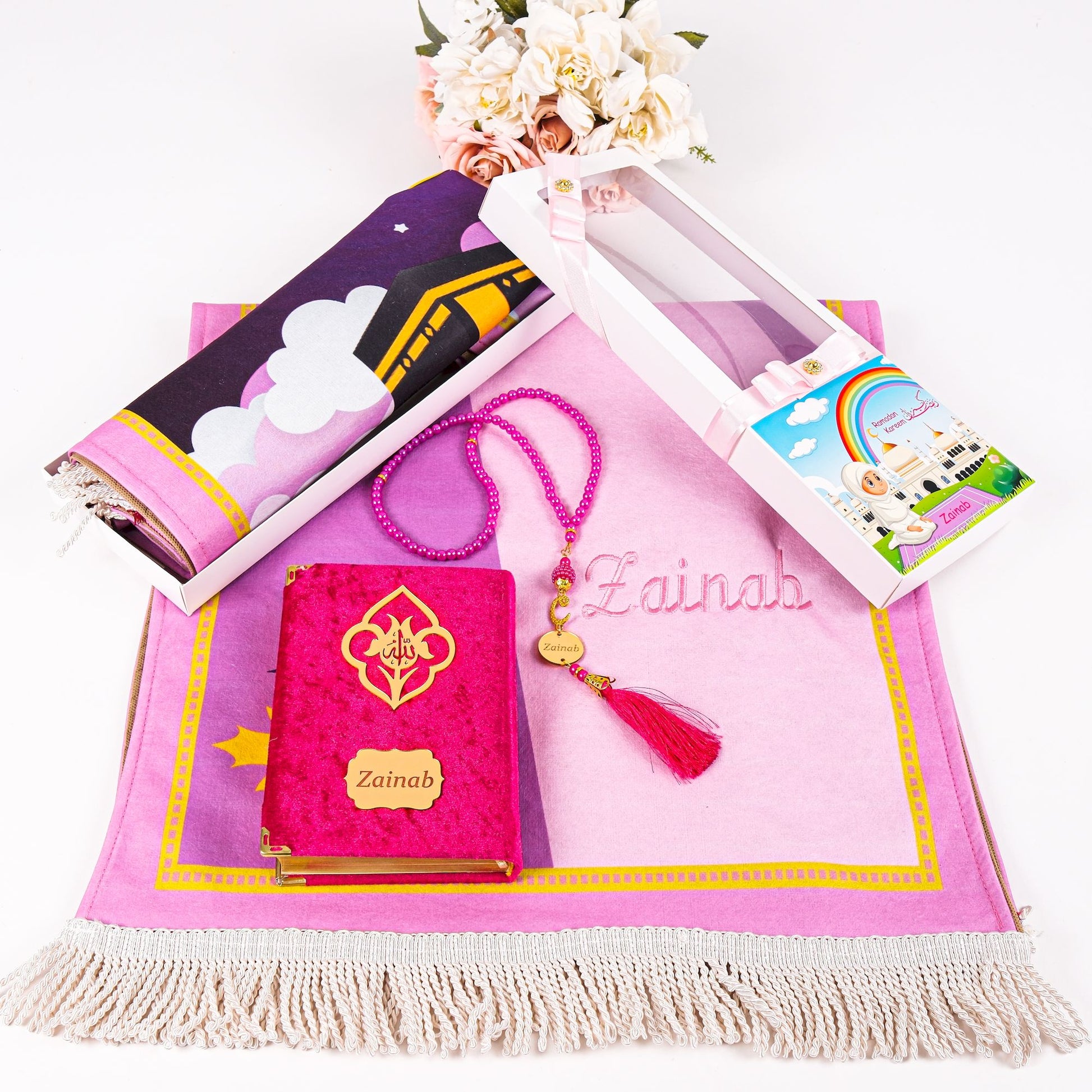 Personalized Kids Prayer Mat Quran Tasbeeh Ramadan Gift Set for Girls - Islamic Elite Favors is a handmade gift shop offering a wide variety of unique and personalized gifts for all occasions. Whether you're looking for the perfect Ramadan, Eid, Hajj, wedding gift or something special for a birthday, baby shower or anniversary, we have something for everyone. High quality, made with love.
