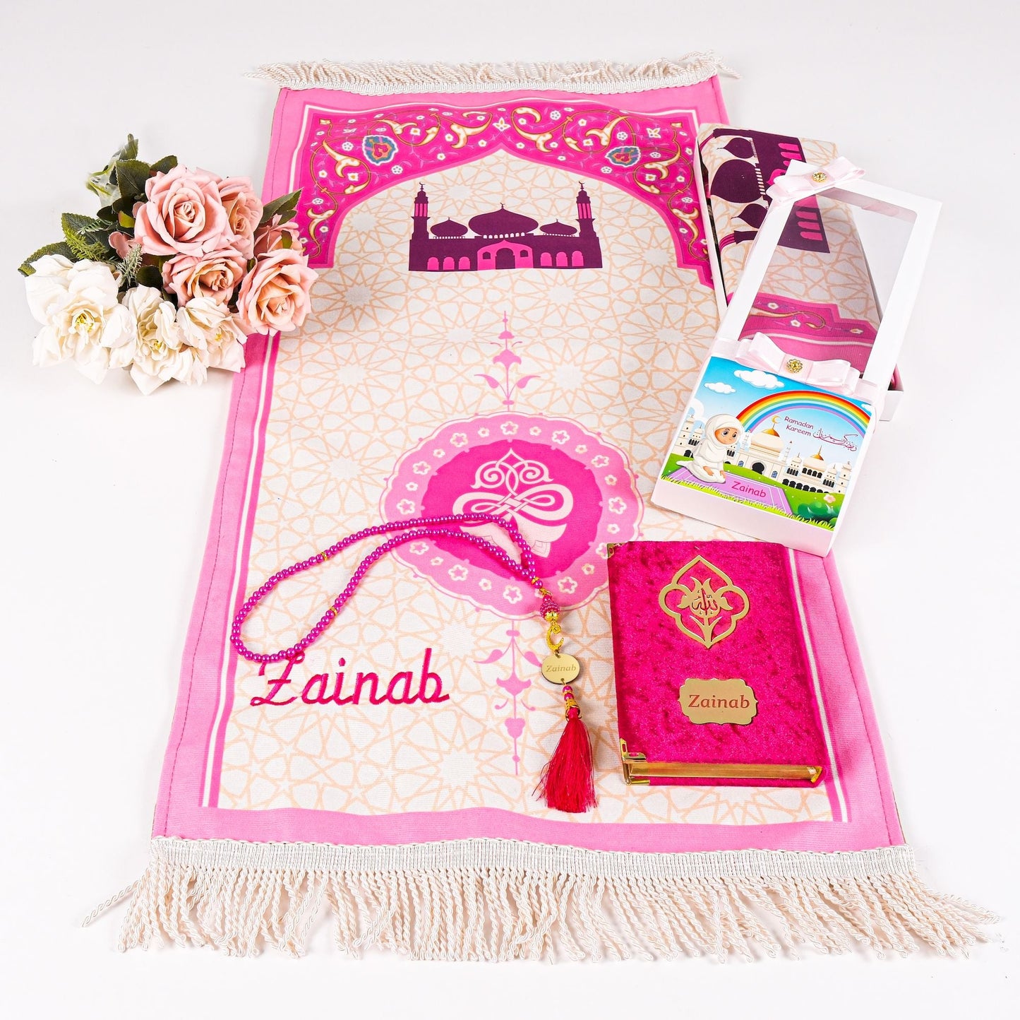 Personalized Kids Prayer Mat Quran Tasbeeh Ramadan Gift Set for Girls