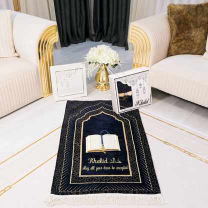 Personalized Velvet Thick Prayer Mat Quran Tasbeeh Islamic Gift Set