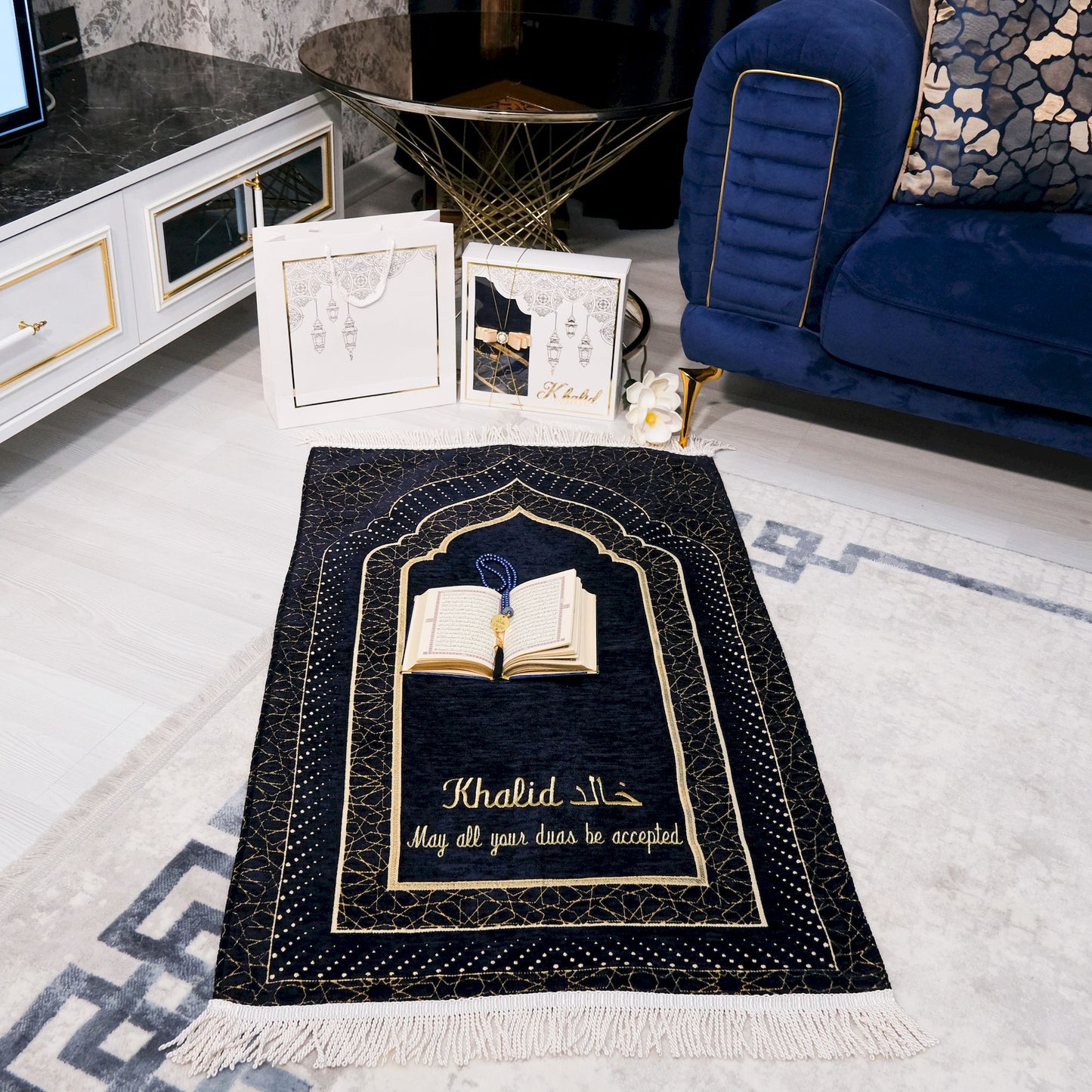 Personalized Velvet Thick Prayer Mat Quran Tasbeeh Islamic Gift Set