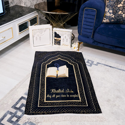 Personalized Velvet Thick Prayer Mat Quran Tasbeeh Islamic Gift Set