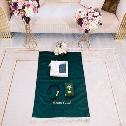 Personalized High Quality Velvet Prayer Mat Quran Tasbeeh Gift Set - Islamic Elite Favors is a handmade gift shop offering a wide variety of unique and personalized gifts for all occasions. Whether you're looking for the perfect Ramadan, Eid, Hajj, wedding gift or something special for a birthday, baby shower or anniversary, we have something for everyone. High quality, made with love.