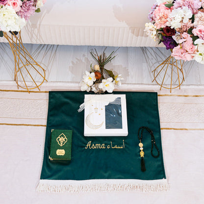 Personalized High Quality Velvet Prayer Mat Quran Tasbeeh Gift Set - Islamic Elite Favors is a handmade gift shop offering a wide variety of unique and personalized gifts for all occasions. Whether you're looking for the perfect Ramadan, Eid, Hajj, wedding gift or something special for a birthday, baby shower or anniversary, we have something for everyone. High quality, made with love.