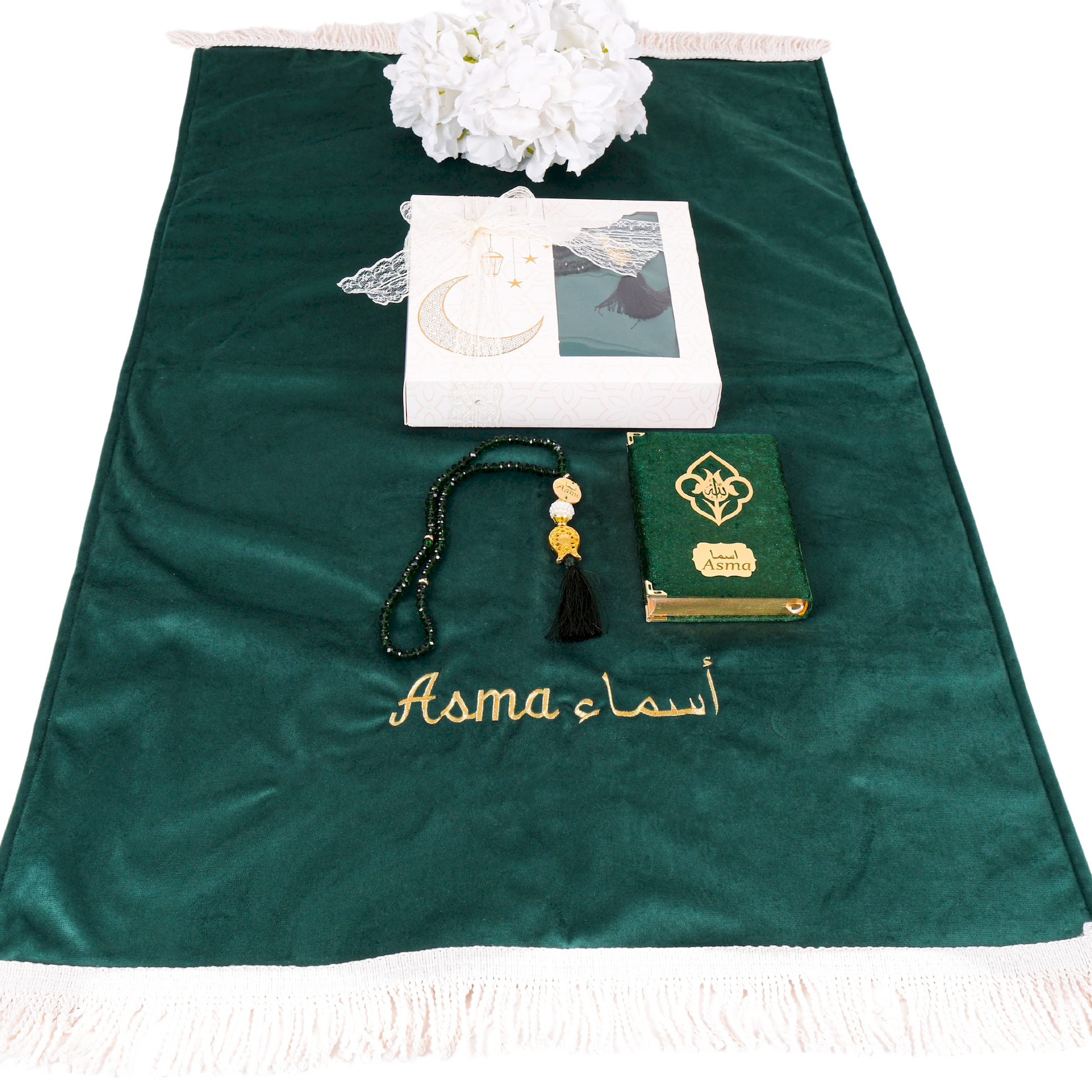 Personalized High Quality Velvet Prayer Mat Quran Tasbeeh Gift Set - Islamic Elite Favors is a handmade gift shop offering a wide variety of unique and personalized gifts for all occasions. Whether you're looking for the perfect Ramadan, Eid, Hajj, wedding gift or something special for a birthday, baby shower or anniversary, we have something for everyone. High quality, made with love.