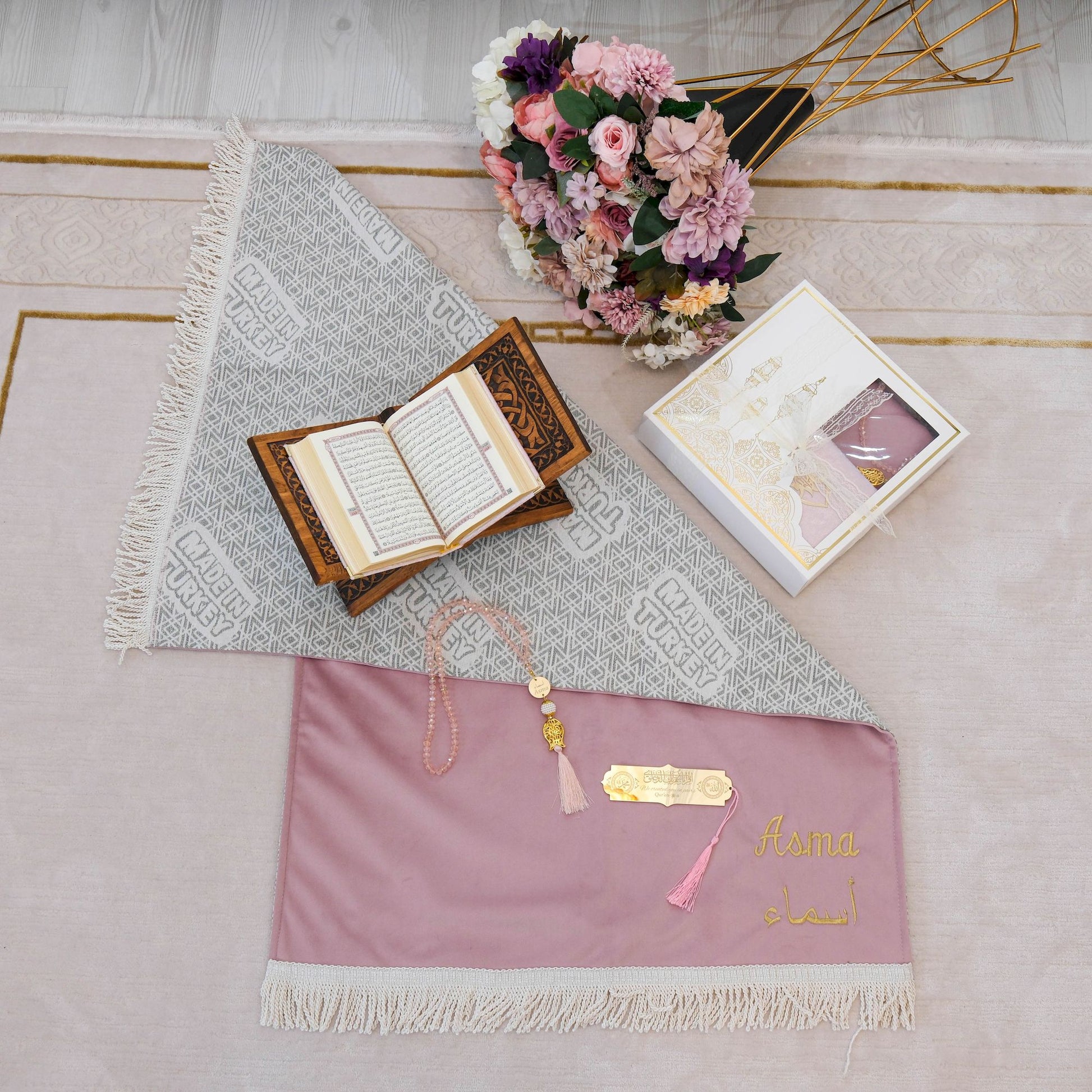 Personalized High Quality Velvet Prayer Mat Quran Tasbeeh Gift Set - Islamic Elite Favors is a handmade gift shop offering a wide variety of unique and personalized gifts for all occasions. Whether you're looking for the perfect Ramadan, Eid, Hajj, wedding gift or something special for a birthday, baby shower or anniversary, we have something for everyone. High quality, made with love.