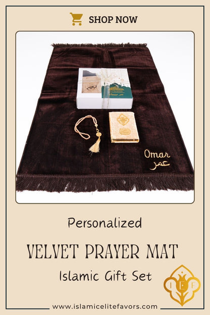 Personalized Elegant Velvet Prayer Mat Quran Tasbeeh Islamic Gift Set