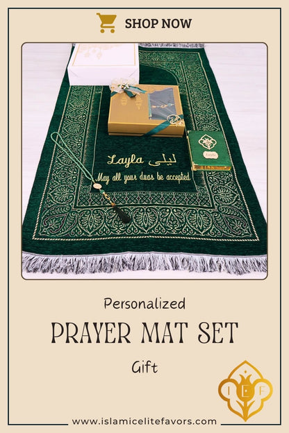 Personalized Taffeta Prayer Mat Quran Tasbeeh Islamic Muslim Gift Set, Ramadan Eid Wedding Birthday Fathers Mothers Days Gifts - Islamic Elite Favors is a handmade gift shop offering a wide variety of unique and personalized gifts for all occasions. Whether you're looking for the perfect Ramadan, Eid, Hajj, wedding gift or something special for a birthday, baby shower or anniversary, we have something for everyone. High quality, made with love.