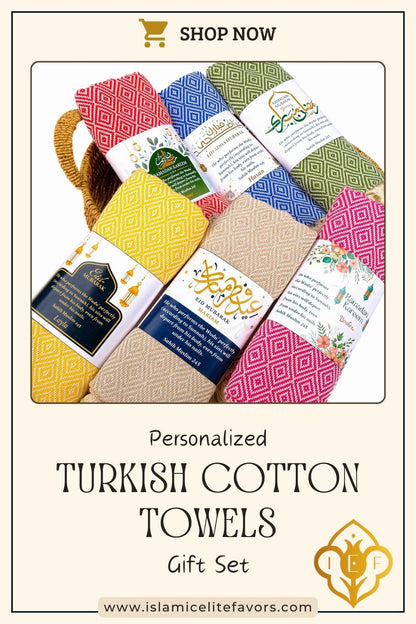 Personalized Turkish Cotton Peshtemal Towels, Custom Ramadan Eid Muslim Party Favors - Islamic Elite Favors is a handmade gift shop offering a wide variety of unique and personalized gifts for all occasions. Whether you're looking for the perfect Ramadan, Eid, Hajj, wedding gift or something special for a birthday, baby shower or anniversary, we have something for everyone. High quality, made with love.