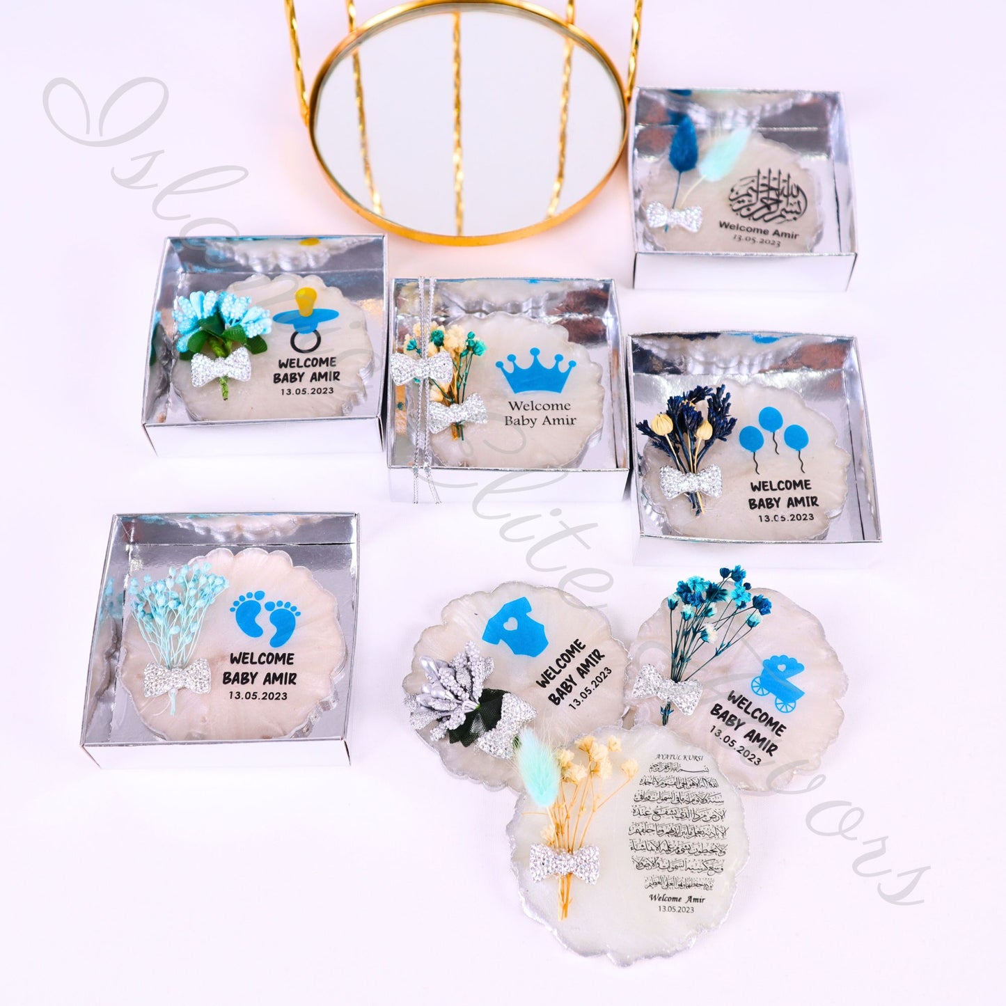 Personalized Baby Shower Favors Epoxy Magnet for Baby Boy Silver Theme