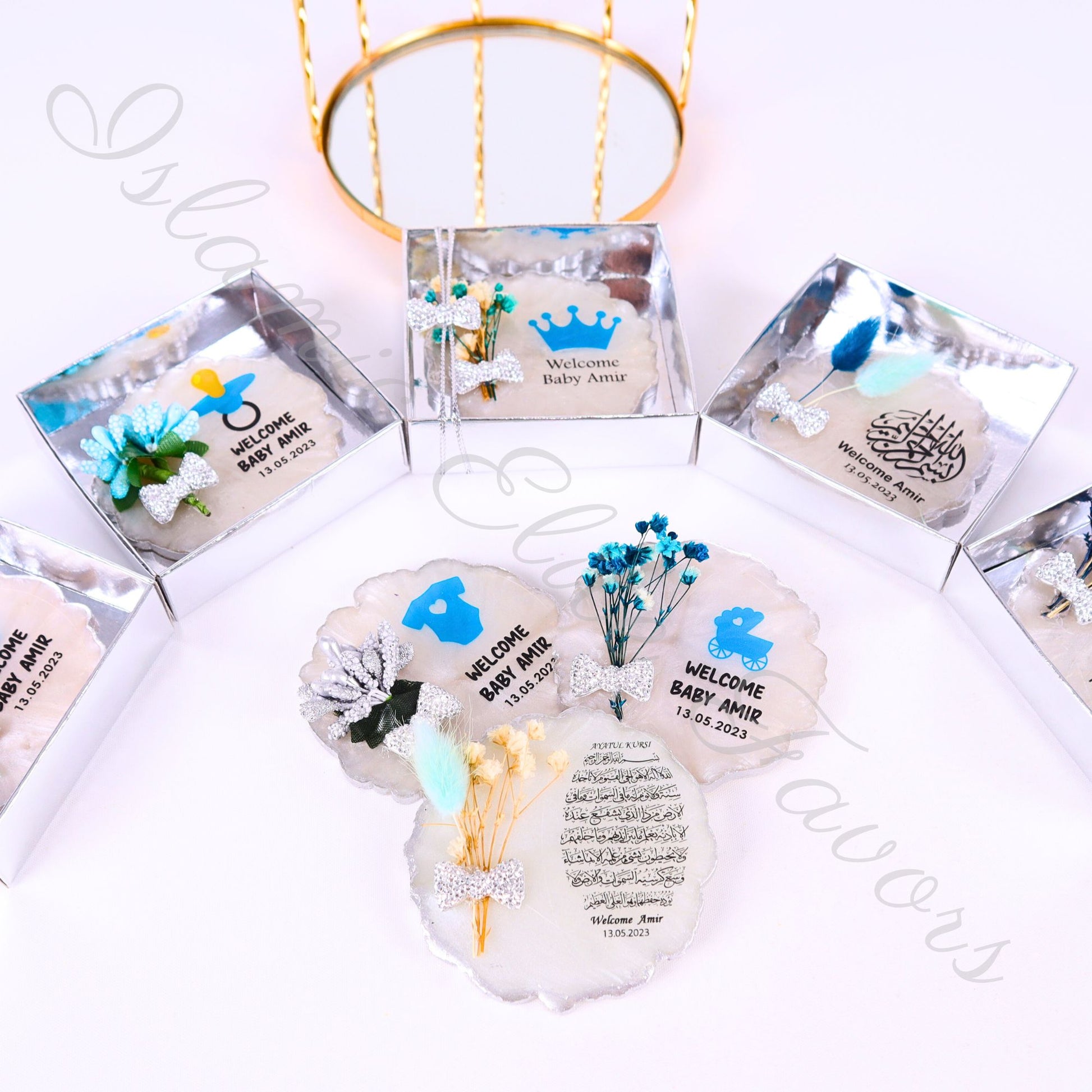Personalized Baby Shower Favors Epoxy Magnet for Baby Boy Silver Theme - Islamic Elite Favors is a handmade gift shop offering a wide variety of unique and personalized gifts for all occasions. Whether you're looking for the perfect Ramadan, Eid, Hajj, wedding gift or something special for a birthday, baby shower or anniversary, we have something for everyone. High quality, made with love.