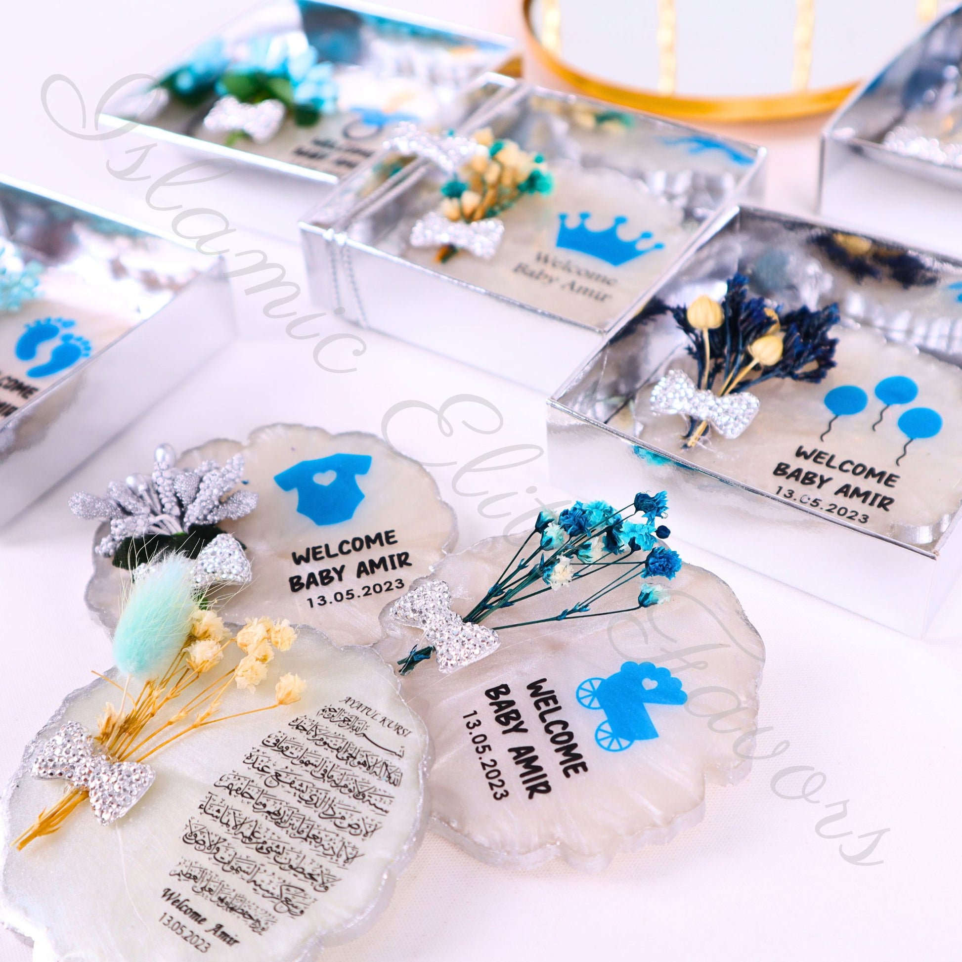 Personalized Baby Shower Favors Epoxy Magnet for Baby Boy Silver Theme - Islamic Elite Favors is a handmade gift shop offering a wide variety of unique and personalized gifts for all occasions. Whether you're looking for the perfect Ramadan, Eid, Hajj, wedding gift or something special for a birthday, baby shower or anniversary, we have something for everyone. High quality, made with love.