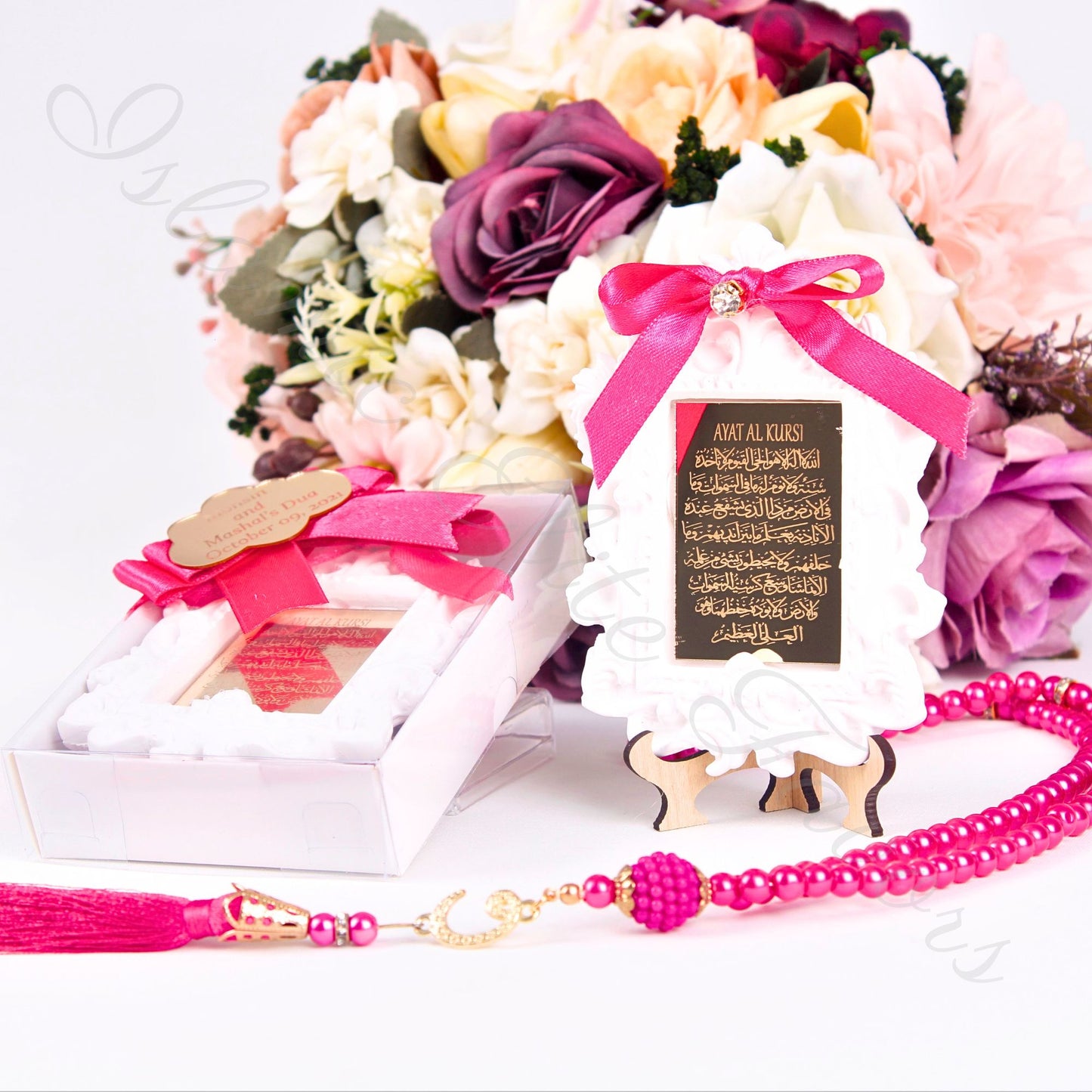 Personalized Wedding Favor Scented Stone Ayatul Kursi on Stand Tasbeeh