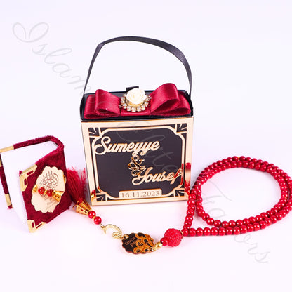 Personalized Velvet Mini Quran Pearl Tasbeeh Decorated Gift Bag Set
