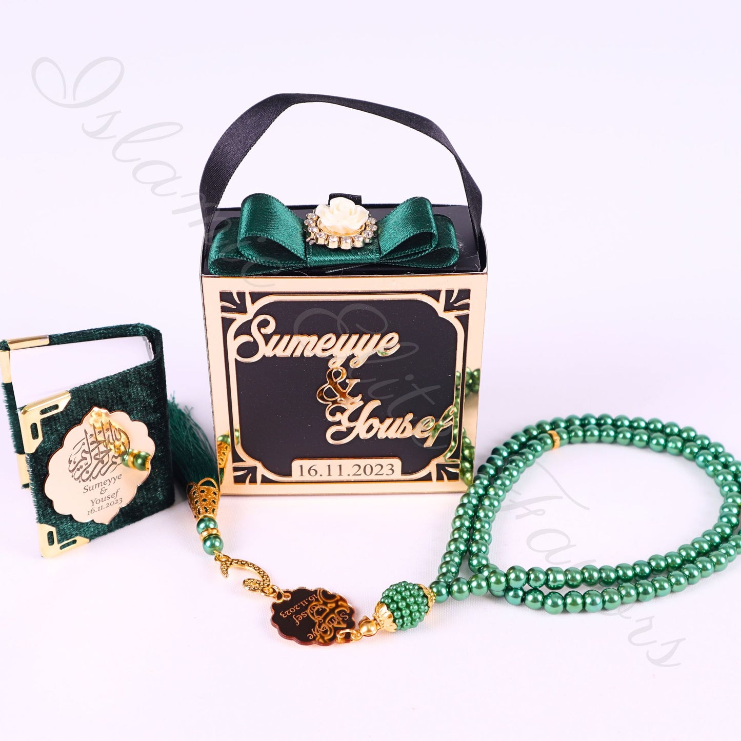 Personalized Velvet Mini Quran Pearl Tasbeeh Decorated Gift Bag Set