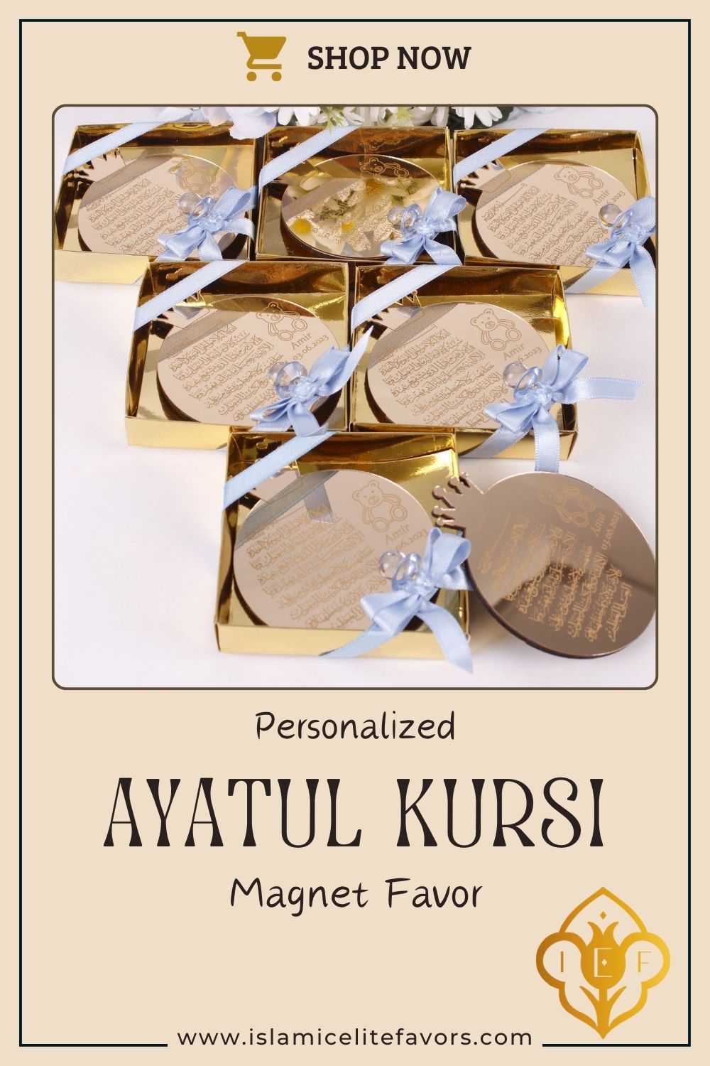 Personalized Ayatul Kursi Baby Shower Magnet Favor for Guest in Bulk. Explore an exquisite collection of customized Islamic handmade gifts suitable for various occasions, including Weddings, Nikkah ceremonies, Engagements, Baby Showers, Bridal Showers, Birthdays, Ameen celebrations, Islamic parties, Ramadan, Eid, Hajj, Umrah, Mother’s Day, Father’s Day, Valentine’s Day, Anniversaries, and Graduations. Each gift is thoughtfully crafted to reflect the essence of these special moments.