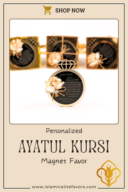 Personalized Ring Shape Ayatul Kursi Magnet Wedding Bridal Shower Gift - Islamic Elite Favors is a handmade gift shop offering a wide variety of unique and personalized gifts for all occasions. Whether you're looking for the perfect Ramadan, Eid, Hajj, wedding gift or something special for a birthday, baby shower or anniversary, we have something for everyone. High quality, made with love.