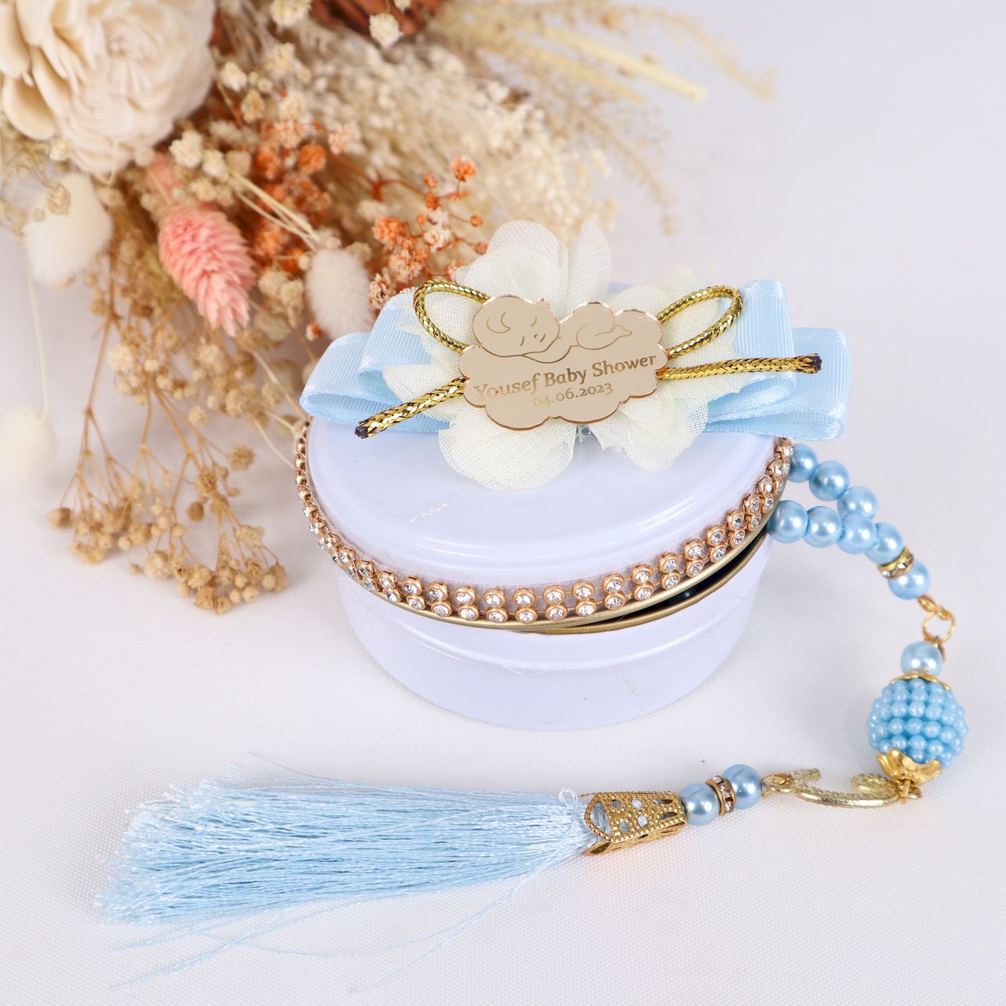 Personalized Pearl Prayer Beads in Metal Box Islamic Wedding Favors