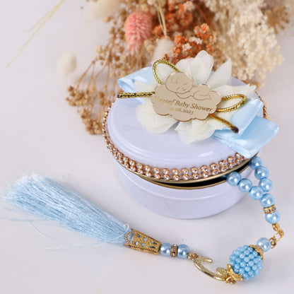 Personalized Pearl Prayer Beads in Metal Box Islamic Baby Shower Favor