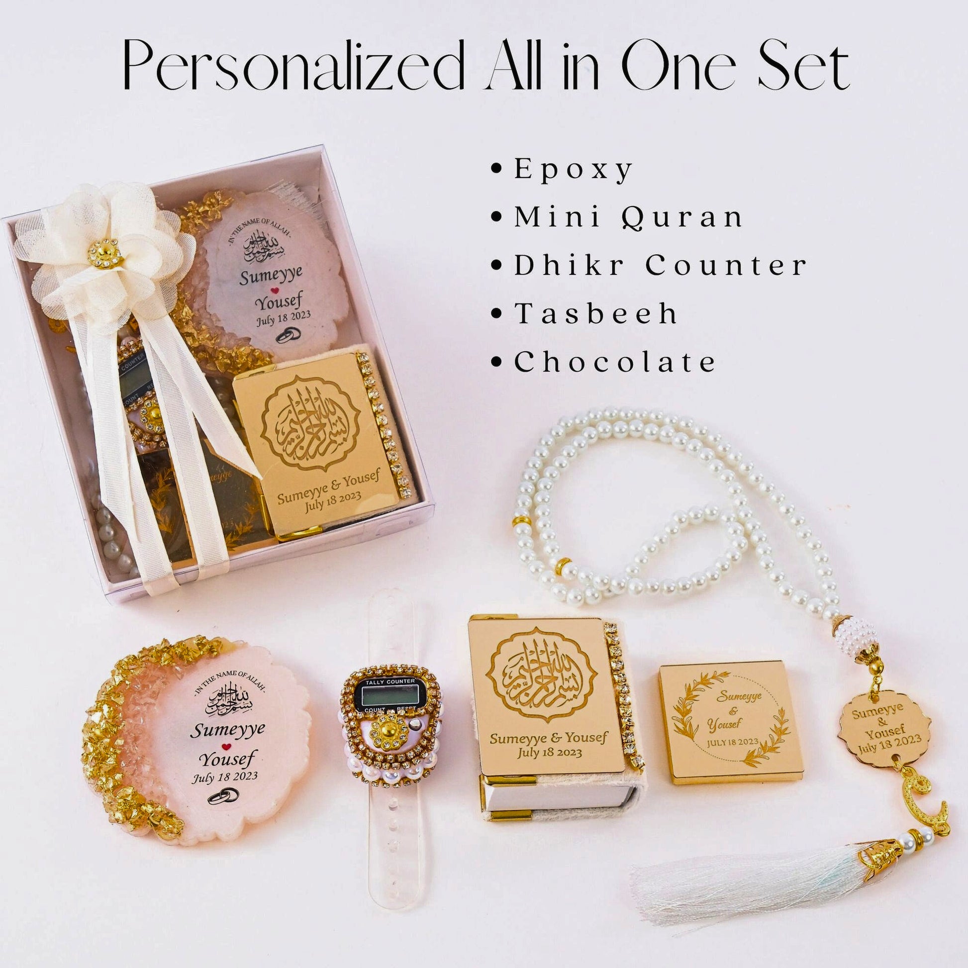 Personalized All in One Set Gift Wedding Baby Shower Eid Islam Muslim. Explore an exquisite collection of customized Islamic handmade gifts suitable for various occasions, including Weddings, Nikkah ceremonies, Engagements, Baby Showers, Bridal Showers, Birthdays, Ameen celebrations, Islamic parties, Ramadan, Eid, Hajj, Umrah, Mother’s Day, Father’s Day, Valentine’s Day, Anniversaries, and Graduations. Each gift is thoughtfully crafted to reflect the essence of these special moments.