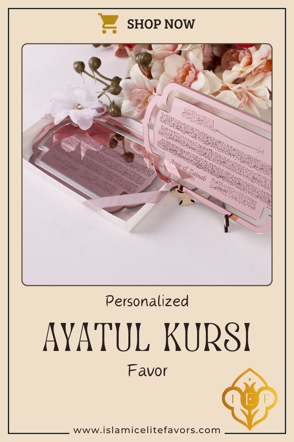 Personalized Wedding Favor Large Ayatul Kursi on Stand Rose Gold Plexi - Islamic Elite Favors is a handmade gift shop offering a wide variety of unique and personalized gifts for all occasions. Whether you're looking for the perfect Ramadan, Eid, Hajj, wedding gift or something special for a birthday, baby shower or anniversary, we have something for everyone. High quality, made with love.