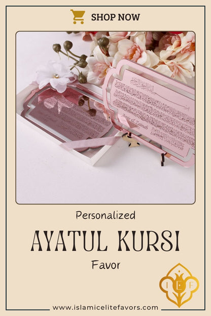 Personalized Wedding Favor Large Ayatul Kursi on Stand Rose Gold Plexi - Islamic Elite Favors is a handmade gift shop offering a wide variety of unique and personalized gifts for all occasions. Whether you're looking for the perfect Ramadan, Eid, Hajj, wedding gift or something special for a birthday, baby shower or anniversary, we have something for everyone. High quality, made with love.
