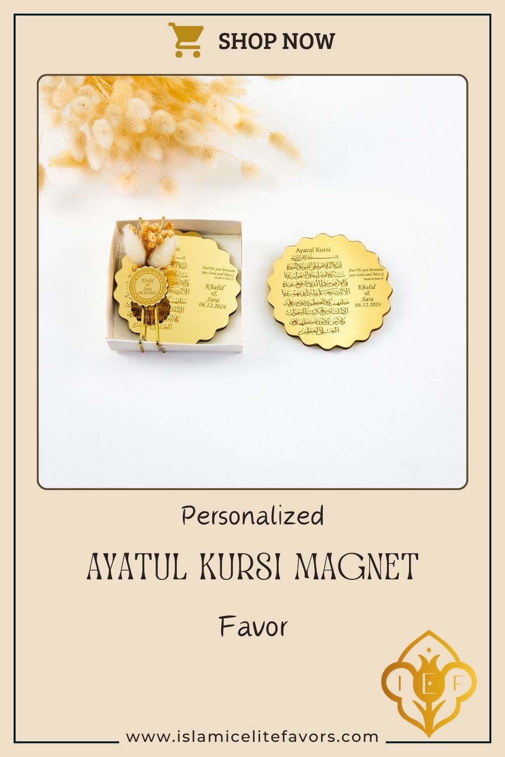 Personalized Ayatul Kursi Magnet Favor with Natural Dried Flower. Explore an exquisite collection of customized Islamic handmade gifts suitable for various occasions, including Weddings, Nikkah ceremonies, Engagements, Baby Showers, Bridal Showers, Birthdays, Ameen celebrations, Islamic parties, Ramadan, Eid, Hajj, Umrah, Mother’s Day, Father’s Day, Valentine’s Day, Anniversaries, and Graduations. Each gift is thoughtfully crafted to reflect the essence of these special moments.